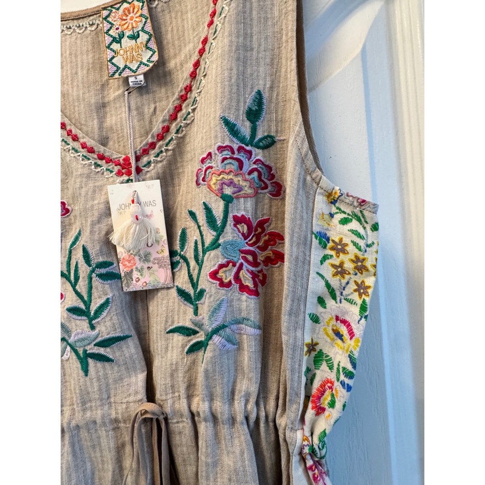 Johnny Was Sloane Drawstring Tank Dress Linen Floral Embroidered Midi Tan Small - Picture 5 of 9
